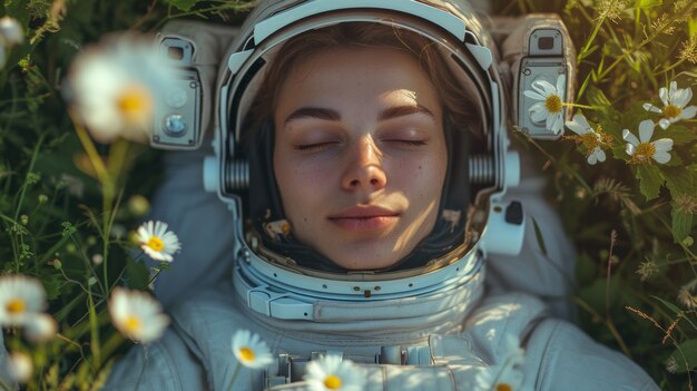 Portrait d'un astronaute en combinaison spatiale avec des fleurs