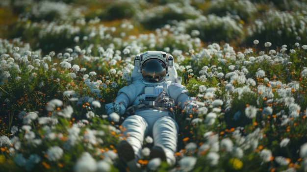 Portrait d'un astronaute en combinaison spatiale avec des fleurs
