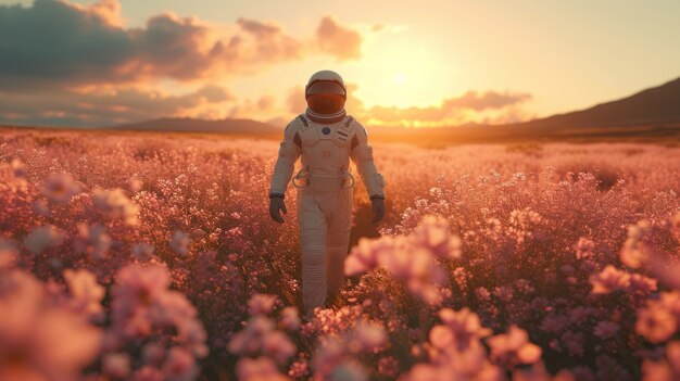 Portrait d'un astronaute en combinaison spatiale avec des fleurs