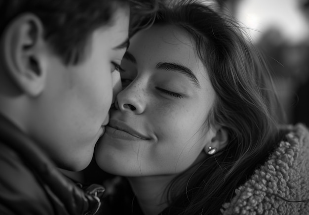 Un portrait d'un baiser en noir et blanc.