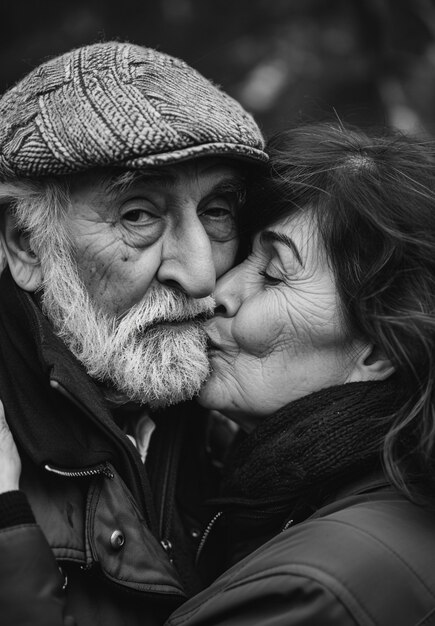 Un portrait d'un baiser en noir et blanc.