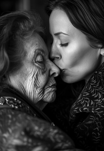 Un portrait d'un baiser en noir et blanc.