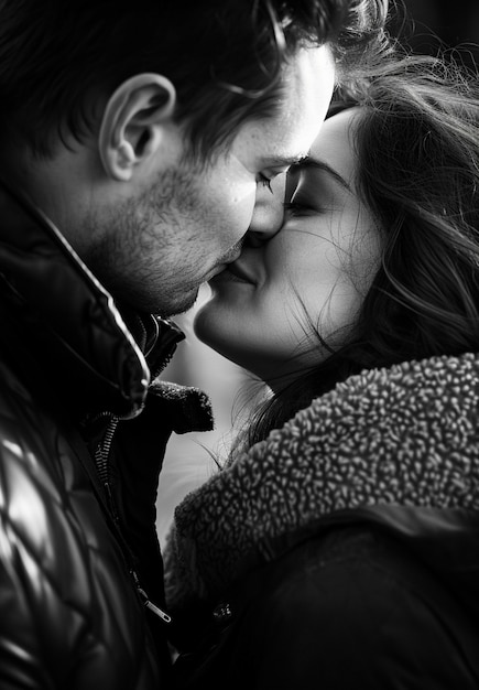 Photo gratuite un portrait d'un baiser en noir et blanc.