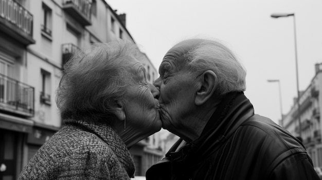 Un portrait d'un baiser en noir et blanc.