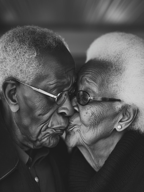 Un portrait d'un baiser en noir et blanc.