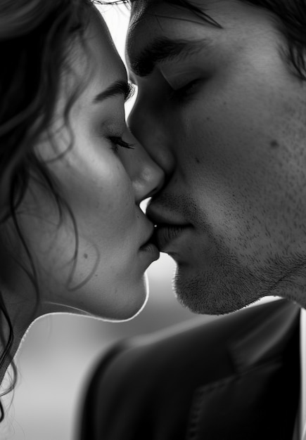 Un portrait d'un baiser en noir et blanc.