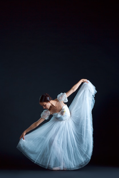 Photo gratuite portrait de ballerine classique en robe blanche sur fond noir