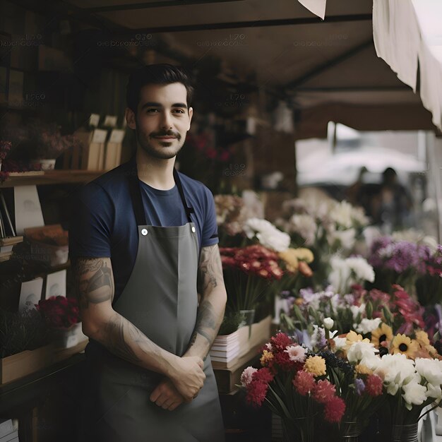 Portrait d'un beau fleuriste en tablier debout dans un magasin de fleurs