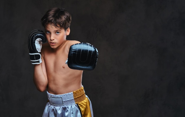 Portrait d'un beau jeune boxeur torse nu portant des gants, regardant une caméra. Isolé sur le fond sombre.