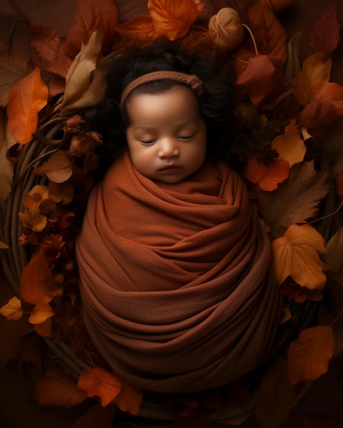 Portrait de bébé nouveau-né avec des fleurs