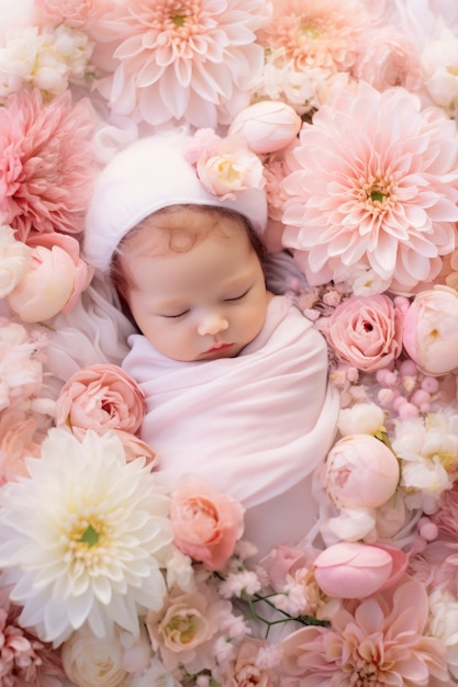 Photo gratuite portrait de bébé nouveau-né avec des fleurs