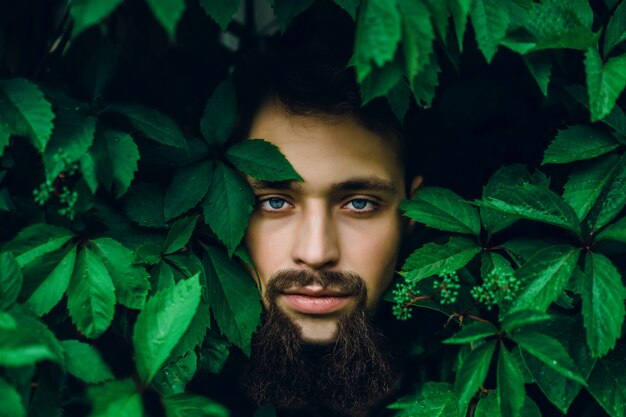 Portrait d&#39;un bel homme sur les feuilles d&#39;été vert. Mode Brunette homme aux yeux bleus, Portrait en feuilles sauvages (raisins), fond naturel.