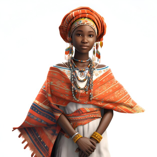 Portrait d'une belle femme africaine dans des vêtements traditionnels rendu en 3D