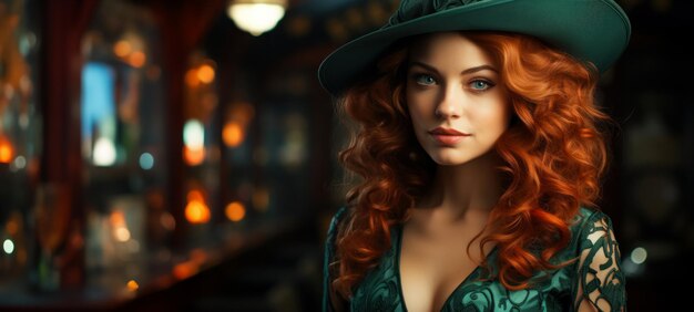 Photo gratuite portrait d'une belle femme aux cheveux roux et au chapeau vert idée pour une invitation à la saint-patrick