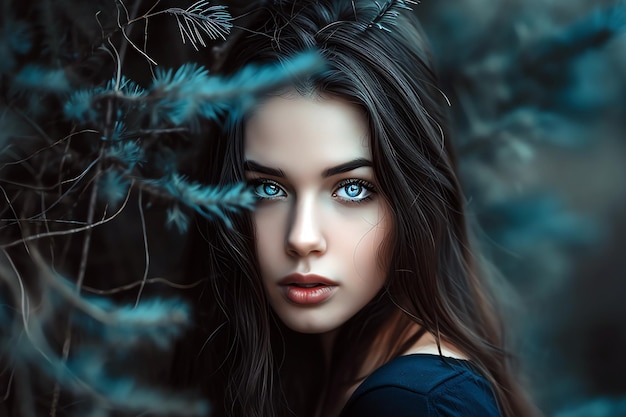 portrait d'une belle femme aux yeux bleus dans la forêt générée par l'IA