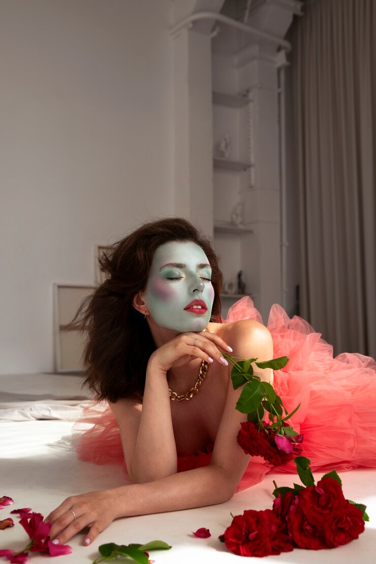 Photo gratuit portrait d'une belle jeune femme avec de la peinture faciale et des fleurs