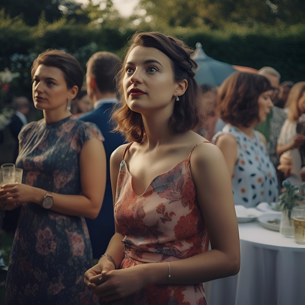 Portrait d'une belle jeune femme en robe à une fête de mariage