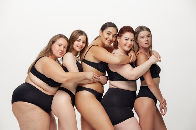 Portrait de belles jeunes femmes avec différentes formes posant sur rose