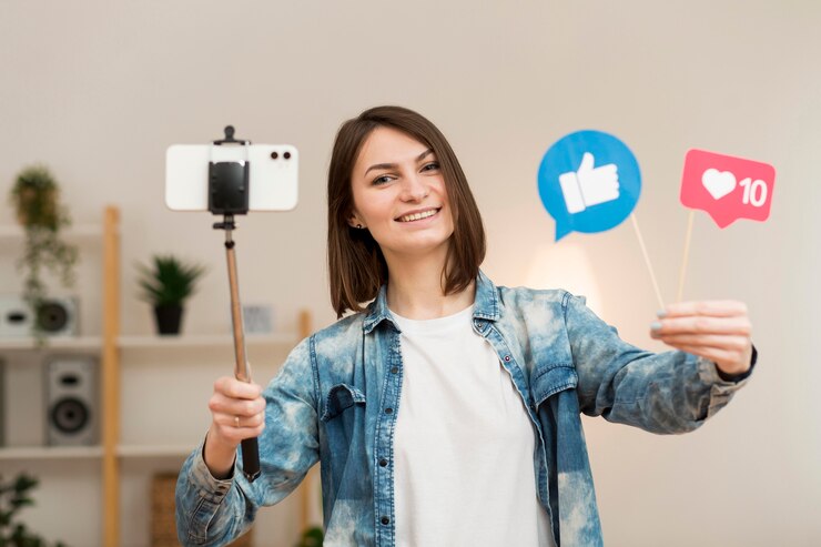 Photo gratuit portrait d'une blogueuse s'enregistrant à la maison
