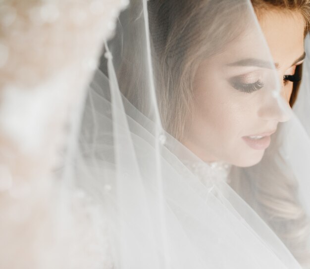 Portrait de la charmante mariée enveloppée dans un voile