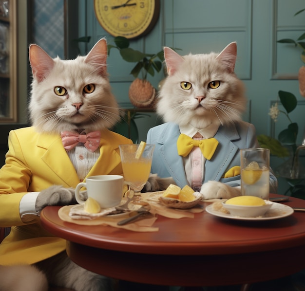 Portrait de chats anthropomorphes vêtus de vêtements humains