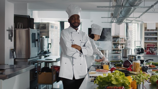 Photo gratuite portrait d'un chef confiant assis dans la cuisine du restaurant pour cuisiner un plat authentique avec des légumes et de la viande. un homme heureux cuisine une délicieuse recette de repas avec des ustensiles de cuisine professionnels. service alimentaire.