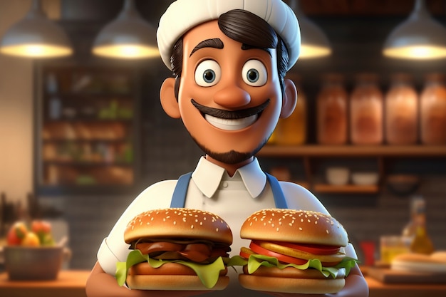 Portrait de chef ou de cuisinier tenant un burger fast-food