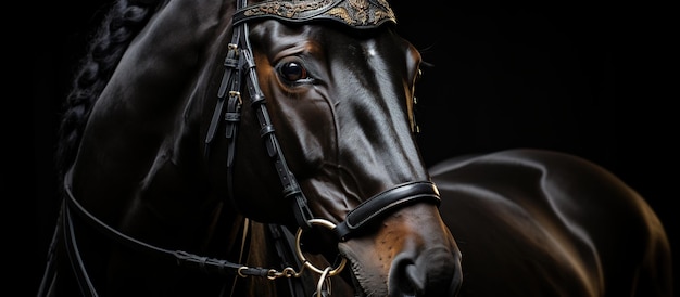 Portrait d'un cheval bai dans la bride sur fond noir