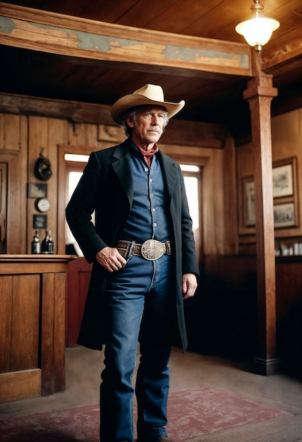 Photo gratuite portrait cinématographique d'un cow-boy américain dans l'ouest avec un chapeau
