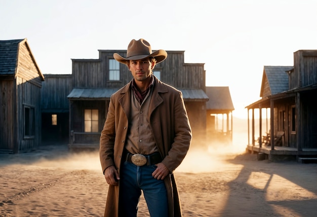 Photo gratuite portrait cinématographique d'un cow-boy américain dans l'ouest avec un chapeau