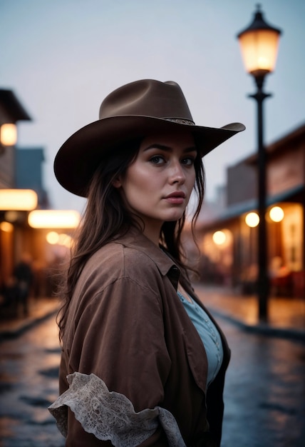 Portrait cinématographique d'un cow-boy américain dans l'Ouest avec un chapeau