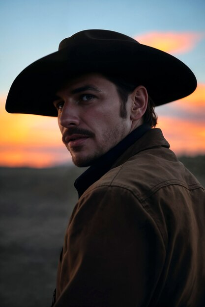 Portrait cinématographique d'un cow-boy américain dans l'Ouest avec un chapeau