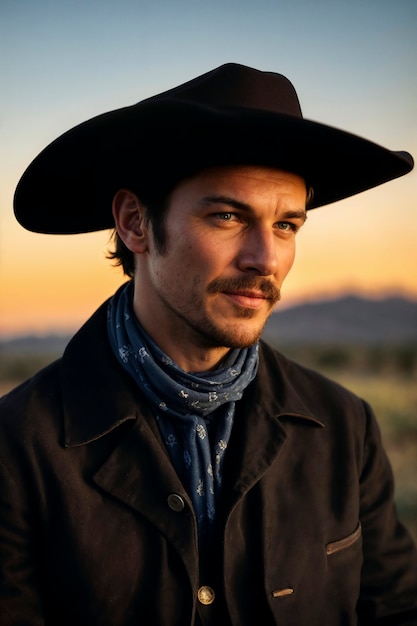 Portrait cinématographique d'un cow-boy américain dans l'Ouest avec un chapeau