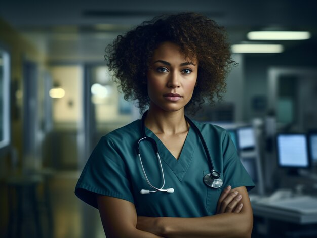 Portrait cinématographique d'une femme travaillant dans le système de santé ayant un emploi de soins.