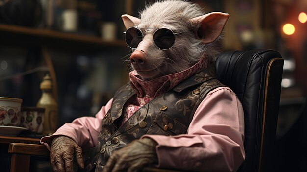 Portrait d'un cochon senior assis à une table dans un pub
