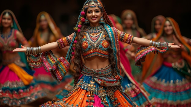 Portrait en couleurs vives d'une femme lors d'une célébration de Navratri