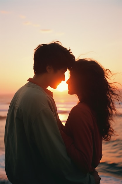 Portrait d'un couple affectueux sur la plage au coucher du soleil