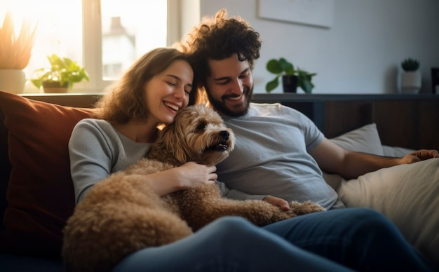 Portrait d'un couple heureux avec un chien