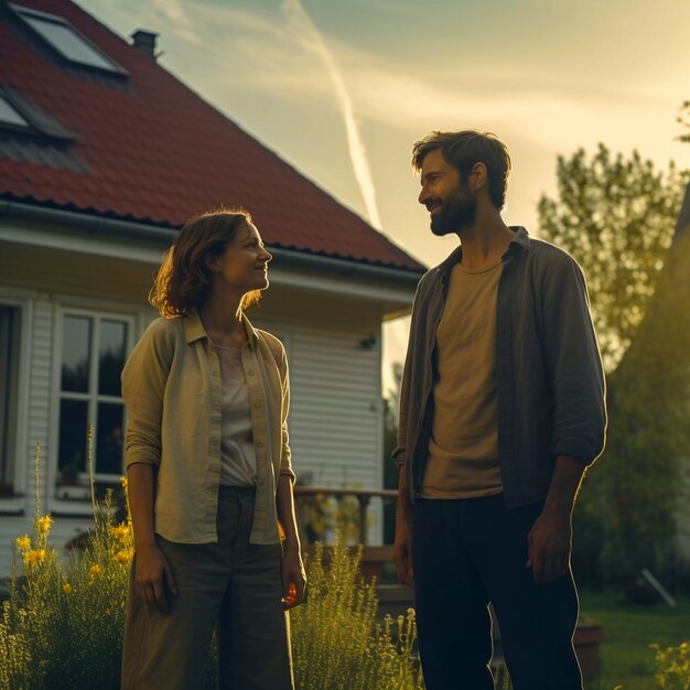 Portrait d'un couple millénaire vivant à la campagne après avoir déménagé de la ville