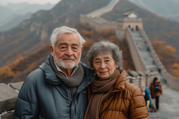 Portrait d'un couple de personnes âgées visitant la Grande Muraille de Chine