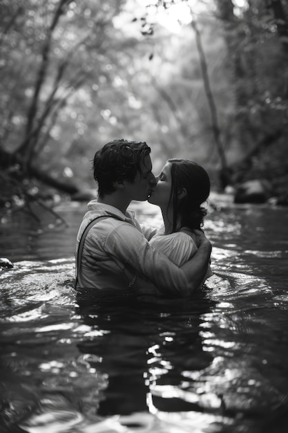 Portrait de couple s'embrassant en noir et blanc