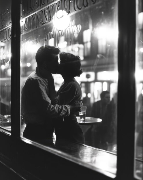 Portrait de couple s'embrassant en noir et blanc