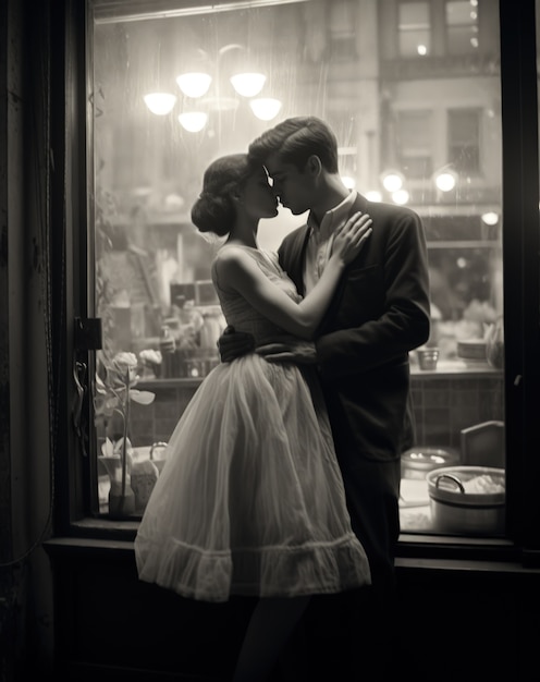 Photo gratuite portrait de couple s'embrassant en noir et blanc