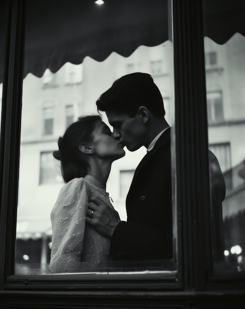 Photo gratuite portrait de couple s'embrassant en noir et blanc