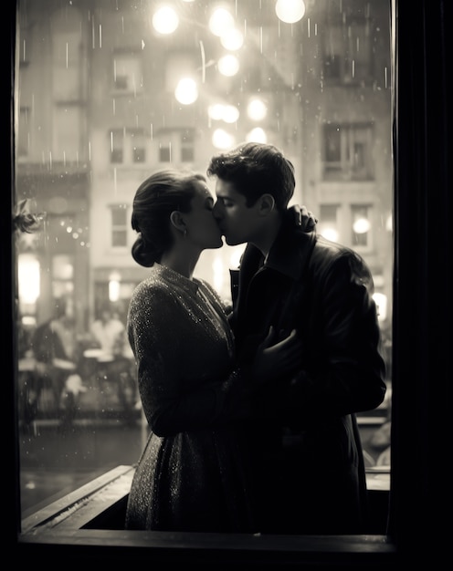 Portrait de couple s'embrassant en noir et blanc