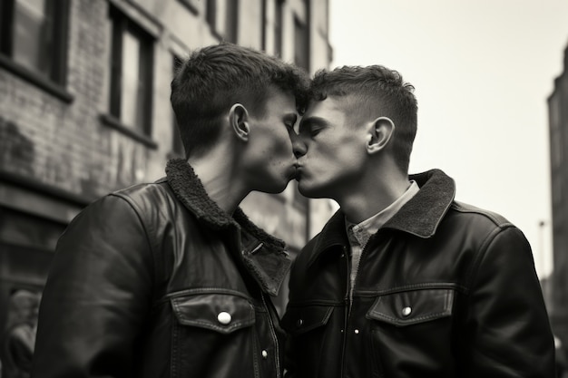 Photo gratuite portrait de couple s'embrassant en noir et blanc