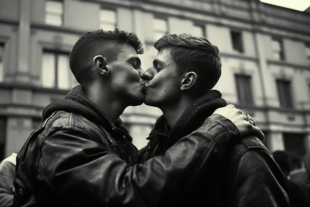 Portrait de couple s'embrassant en noir et blanc