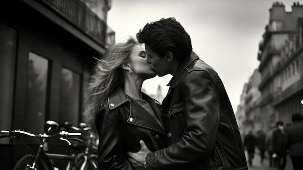 Photo gratuite portrait de couple s'embrassant en noir et blanc