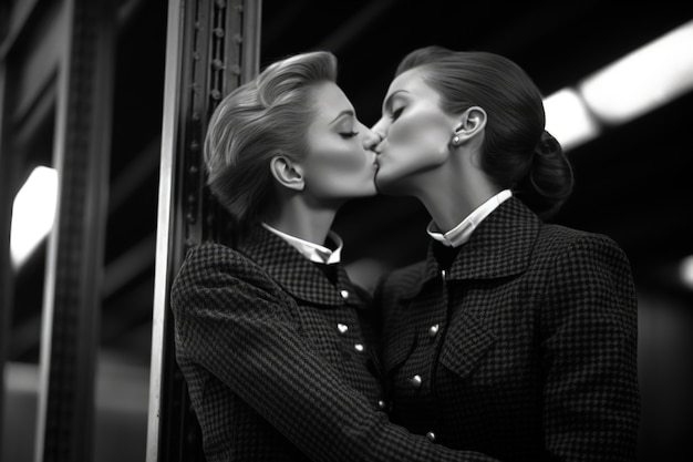 Portrait de couple s'embrassant en noir et blanc