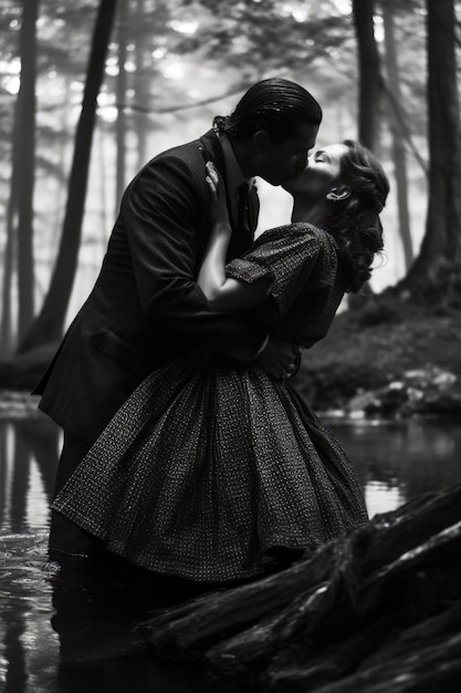 Portrait de couple s'embrassant en noir et blanc